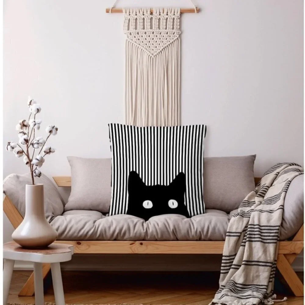 Cat Theme Pillow Cover Zippered Decorative Square Black White 17.7 in X 17.7 in